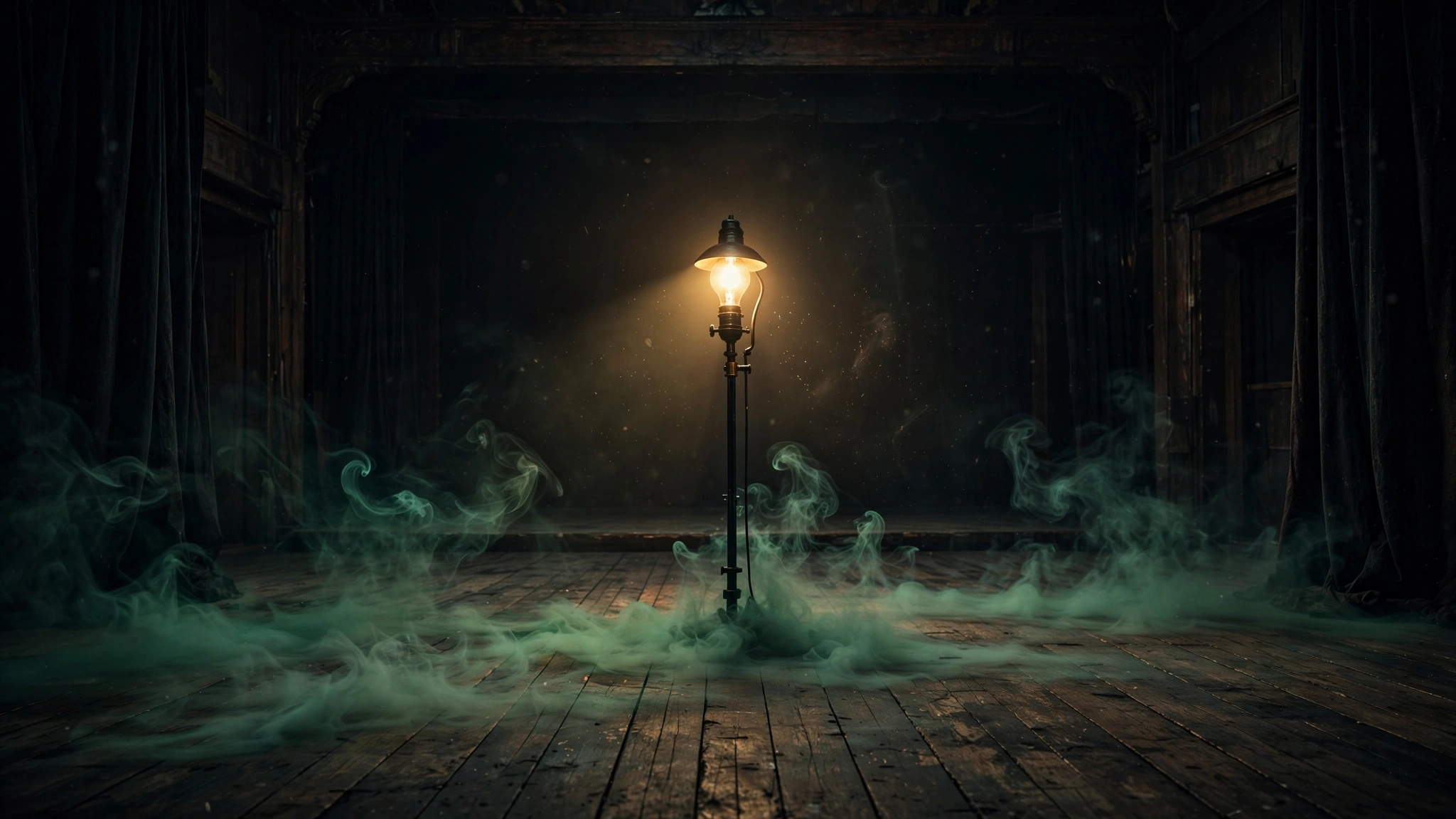 A ghost light burning on an empty stage